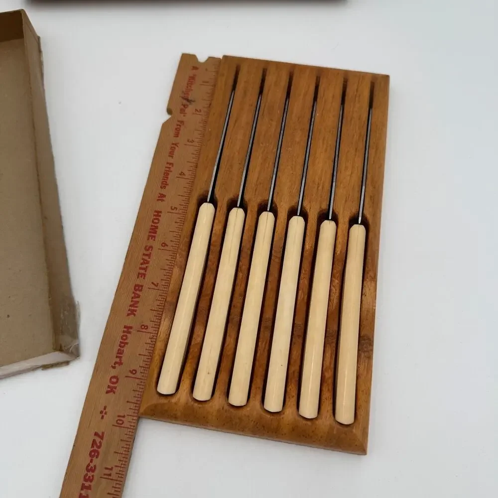 Mid Century Cattaraugus Steak Knife Set (6) in Wooden Holder w Box MCM